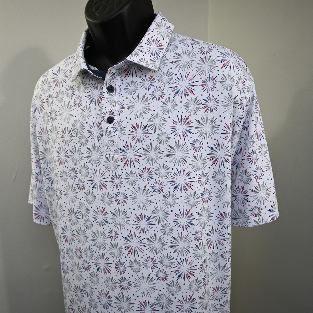 Walter Hagen Polo Shirt Mens XXL White Gray Fireworks Stars Short‎ Sleeve Golf